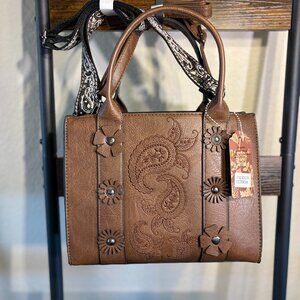 Sam & Hadley Brown Tooled Satchel Bag Paisley Western Crossbody Purse 2 Straps
